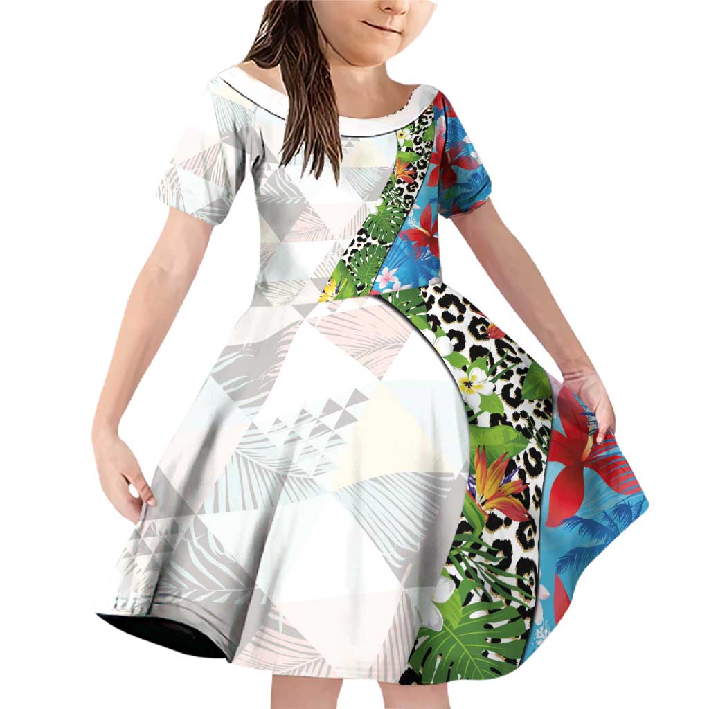 Hawaiian Tropical Flowers and Leaves Family Matching Off Shoulder Short Dress and Hawaiian Shirt on Leopard Pattern Half Style White-Blue Version LT03 Daughter's Dress White - Polynesian Pride