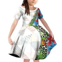 Hawaiian Tropical Flowers and Leaves Family Matching Off Shoulder Short Dress and Hawaiian Shirt on Leopard Pattern Half Style White-Blue Version LT03 Daughter's Dress White - Polynesian Pride
