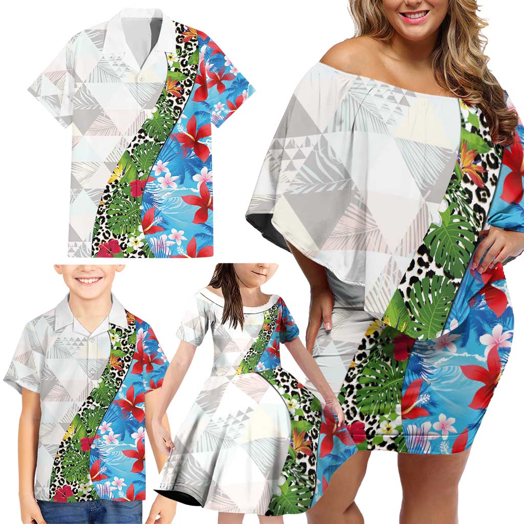 Hawaiian Tropical Flowers and Leaves Family Matching Off Shoulder Short Dress and Hawaiian Shirt on Leopard Pattern Half Style White-Blue Version LT03 - Polynesian Pride