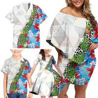 Hawaiian Tropical Flowers and Leaves Family Matching Off Shoulder Short Dress and Hawaiian Shirt on Leopard Pattern Half Style White-Blue Version LT03 - Polynesian Pride