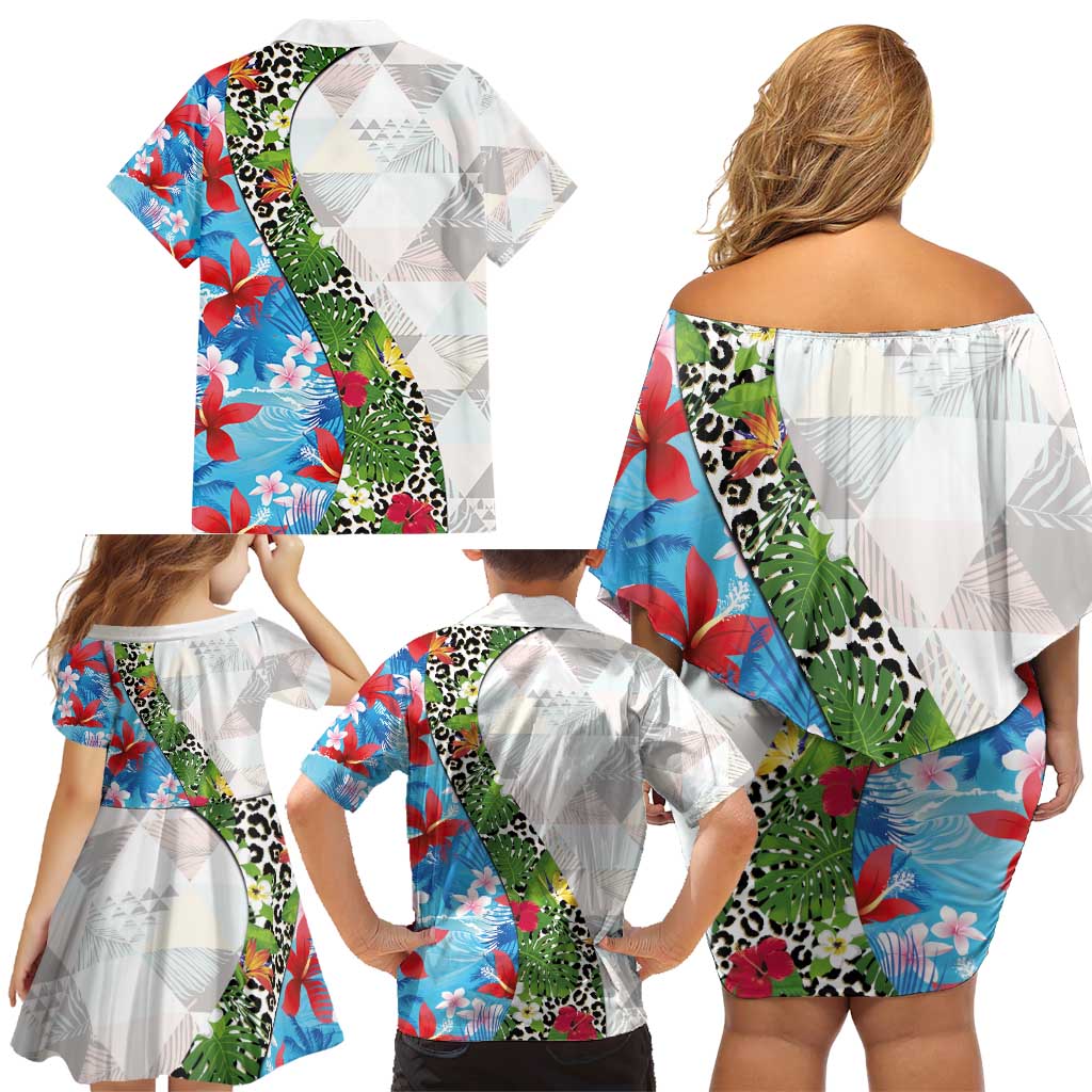 Hawaiian Tropical Flowers and Leaves Family Matching Off Shoulder Short Dress and Hawaiian Shirt on Leopard Pattern Half Style White-Blue Version LT03 - Polynesian Pride