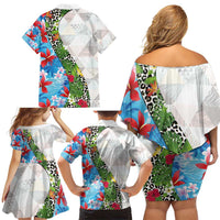 Hawaiian Tropical Flowers and Leaves Family Matching Off Shoulder Short Dress and Hawaiian Shirt on Leopard Pattern Half Style White-Blue Version LT03 - Polynesian Pride