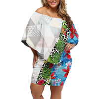 Hawaiian Tropical Flowers and Leaves Family Matching Off Shoulder Short Dress and Hawaiian Shirt on Leopard Pattern Half Style White-Blue Version LT03 Mom's Dress White - Polynesian Pride