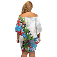 Hawaiian Tropical Flowers and Leaves Family Matching Off Shoulder Short Dress and Hawaiian Shirt on Leopard Pattern Half Style White-Blue Version LT03 - Polynesian Pride
