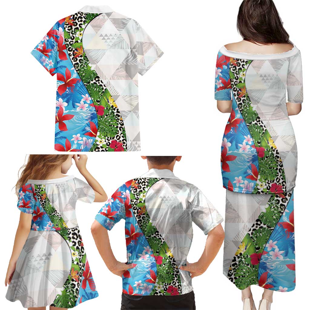 Hawaiian Tropical Flowers and Leaves Family Matching Puletasi and Hawaiian Shirt on Leopard Pattern Half Style White-Blue Version LT03 - Polynesian Pride