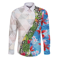 Hawaiian Tropical Flowers and Leaves Family Matching Puletasi and Hawaiian Shirt on Leopard Pattern Half Style White-Blue Version LT03 Dad's Shirt - Long Sleeve White - Polynesian Pride