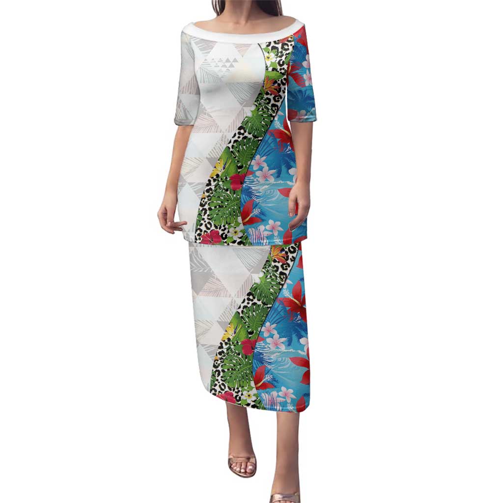 Hawaiian Tropical Flowers and Leaves Family Matching Puletasi and Hawaiian Shirt on Leopard Pattern Half Style White-Blue Version LT03 Mom's Dress White - Polynesian Pride