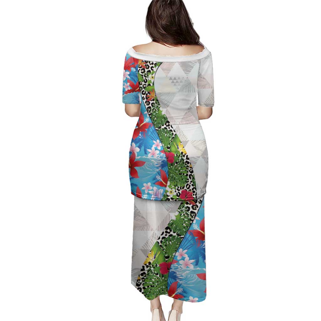 Hawaiian Tropical Flowers and Leaves Family Matching Puletasi and Hawaiian Shirt on Leopard Pattern Half Style White-Blue Version LT03 - Polynesian Pride