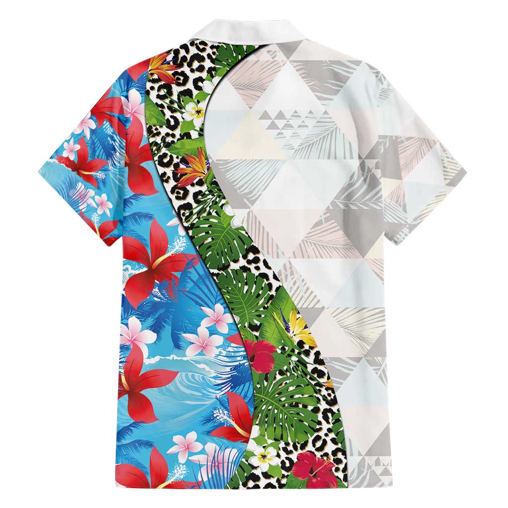 Hawaiian Tropical Flowers and Leaves Family Matching Short Sleeve Bodycon Dress and Hawaiian Shirt on Leopard Pattern Half Style White-Blue Version - Polynesian Pride