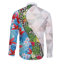 Hawaiian Tropical Flowers and Leaves Family Matching Short Sleeve Bodycon Dress and Hawaiian Shirt on Leopard Pattern Half Style White-Blue Version - Polynesian Pride