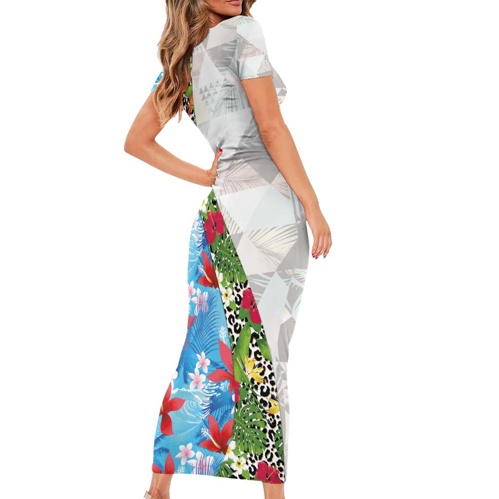 Hawaiian Tropical Flowers and Leaves Family Matching Short Sleeve Bodycon Dress and Hawaiian Shirt on Leopard Pattern Half Style White-Blue Version - Polynesian Pride