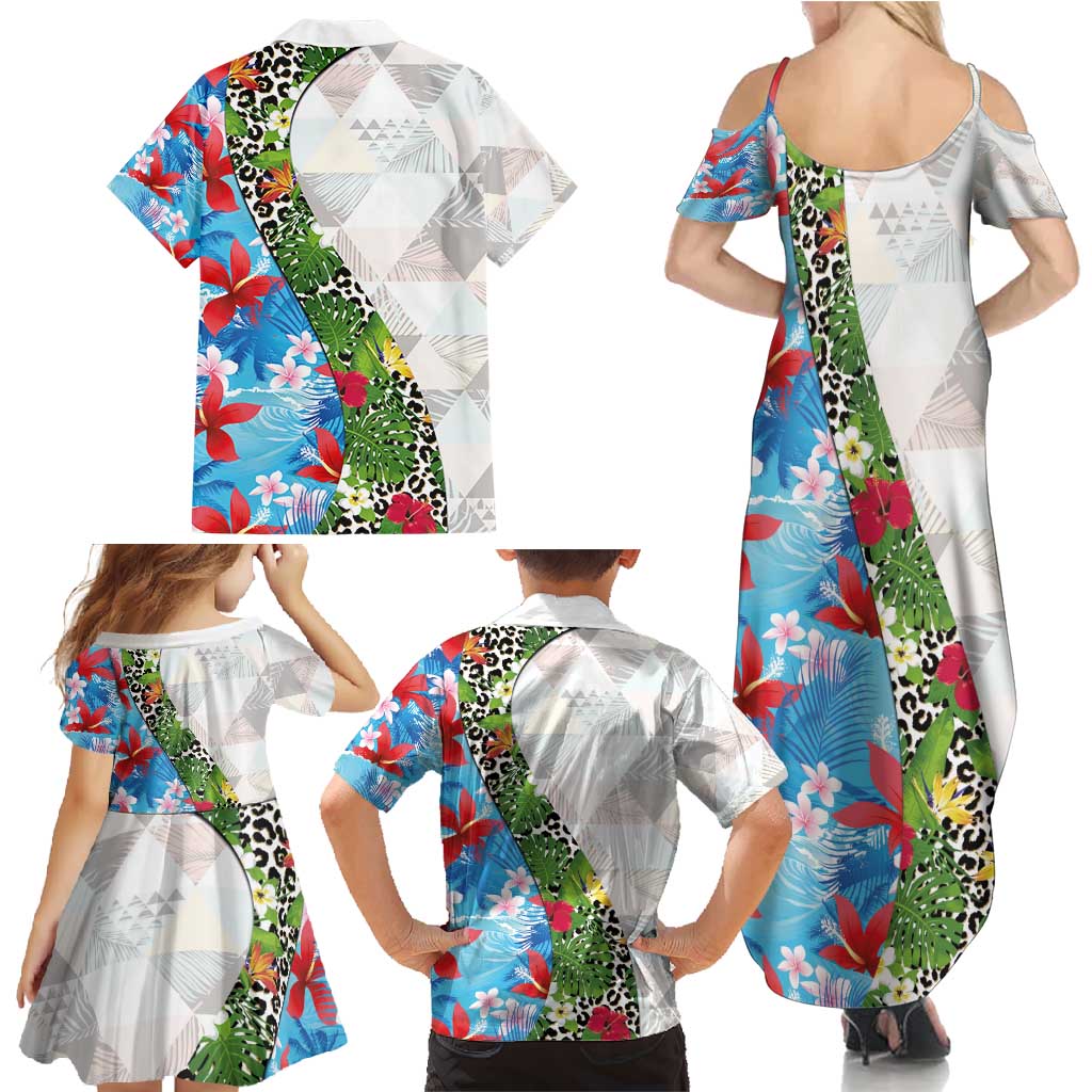 Hawaiian Tropical Flowers and Leaves Family Matching Summer Maxi Dress and Hawaiian Shirt on Leopard Pattern Half Style White-Blue Version LT03 - Polynesian Pride