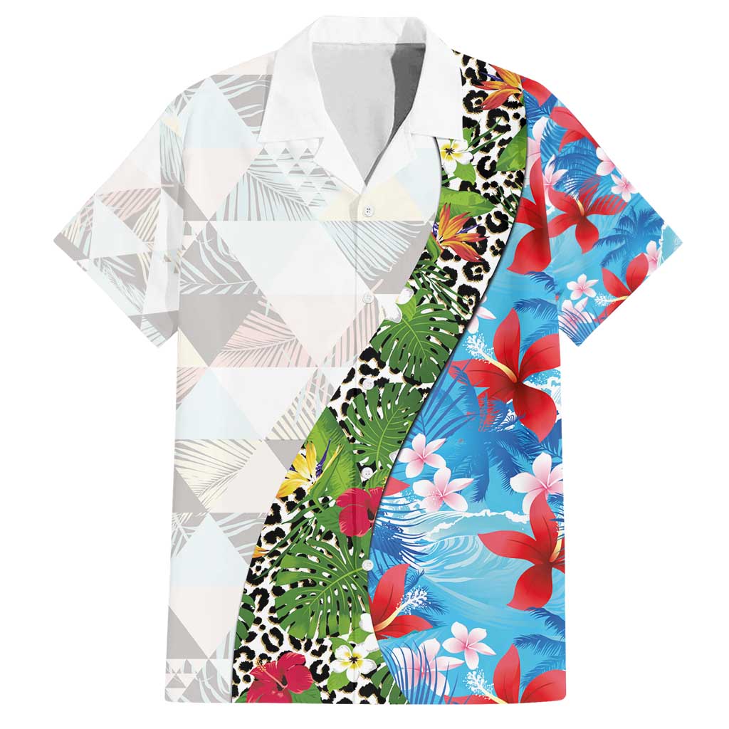 Hawaiian Tropical Flowers and Leaves Family Matching Summer Maxi Dress and Hawaiian Shirt on Leopard Pattern Half Style White-Blue Version LT03 Dad's Shirt - Short Sleeve White - Polynesian Pride