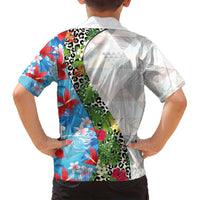 Hawaiian Tropical Flowers and Leaves Family Matching Tank Maxi Dress and Hawaiian Shirt on Leopard Pattern Half Style White-Blue Version LT03 - Polynesian Pride