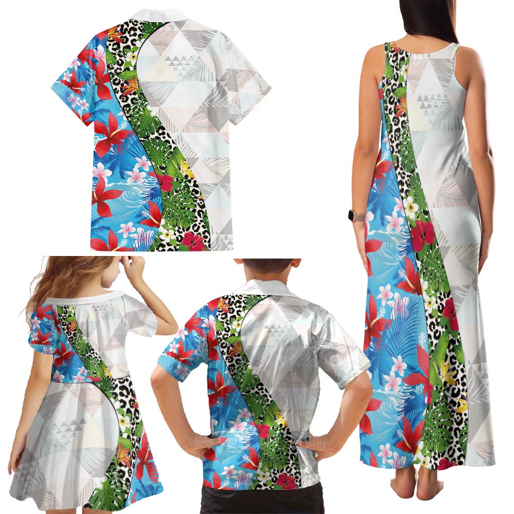 Hawaiian Tropical Flowers and Leaves Family Matching Tank Maxi Dress and Hawaiian Shirt on Leopard Pattern Half Style White-Blue Version LT03 - Polynesian Pride
