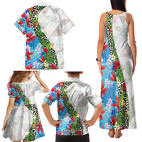 Hawaiian Tropical Flowers and Leaves Family Matching Tank Maxi Dress and Hawaiian Shirt on Leopard Pattern Half Style White-Blue Version LT03 - Polynesian Pride