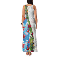 Hawaiian Tropical Flowers and Leaves Family Matching Tank Maxi Dress and Hawaiian Shirt on Leopard Pattern Half Style White-Blue Version LT03 - Polynesian Pride