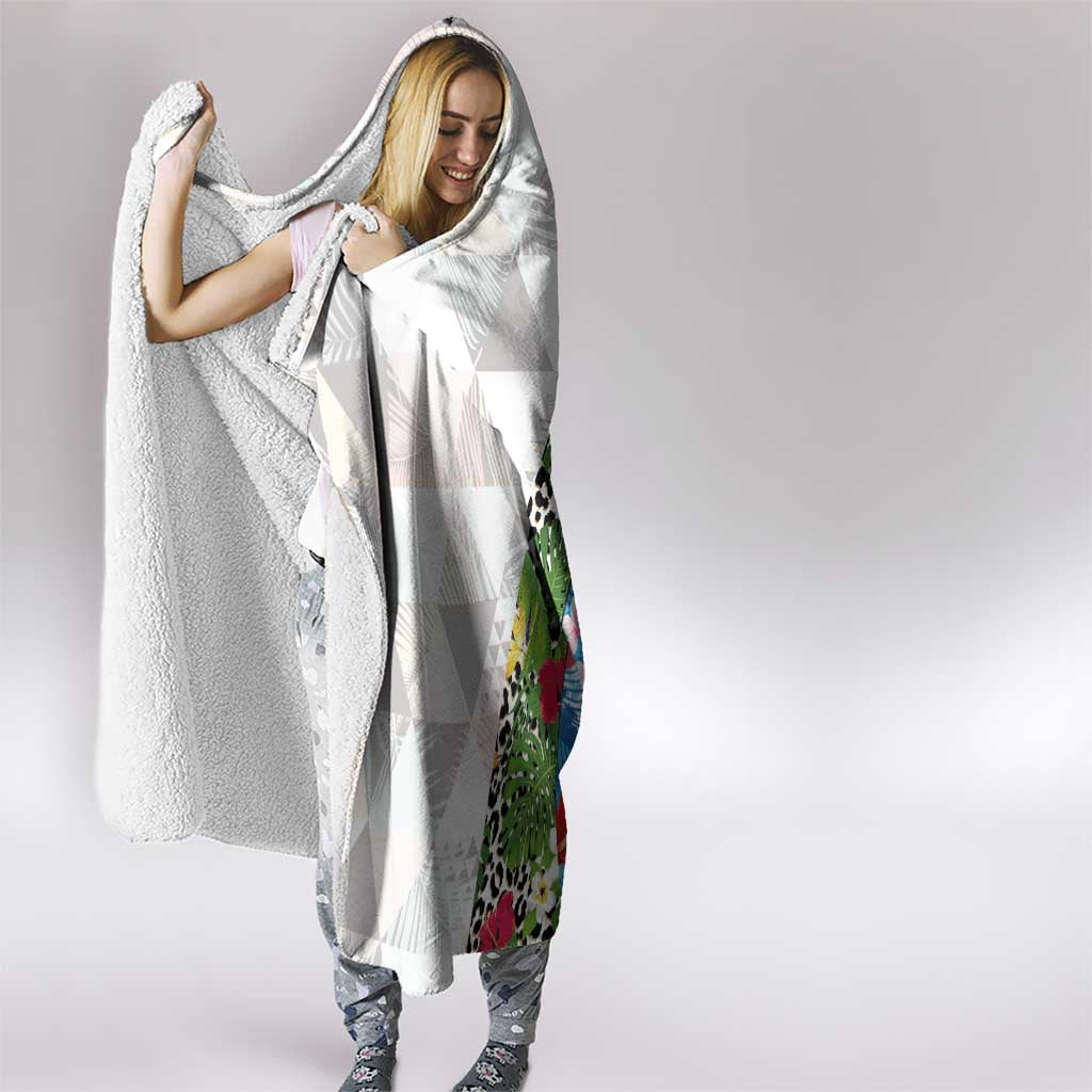 Hawaiian Tropical Flowers and Leaves Hooded Blanket on Leopard Pattern Half Style White-Blue Version - Polynesian Pride