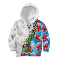 Hawaiian Tropical Flowers and Leaves Kid Hoodie on Leopard Pattern Half Style White-Blue Version LT03 Zip Hoodie White - Polynesian Pride