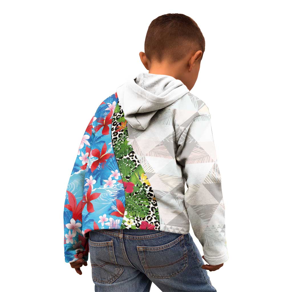 Hawaiian Tropical Flowers and Leaves Kid Hoodie on Leopard Pattern Half Style White-Blue Version LT03 - Polynesian Pride