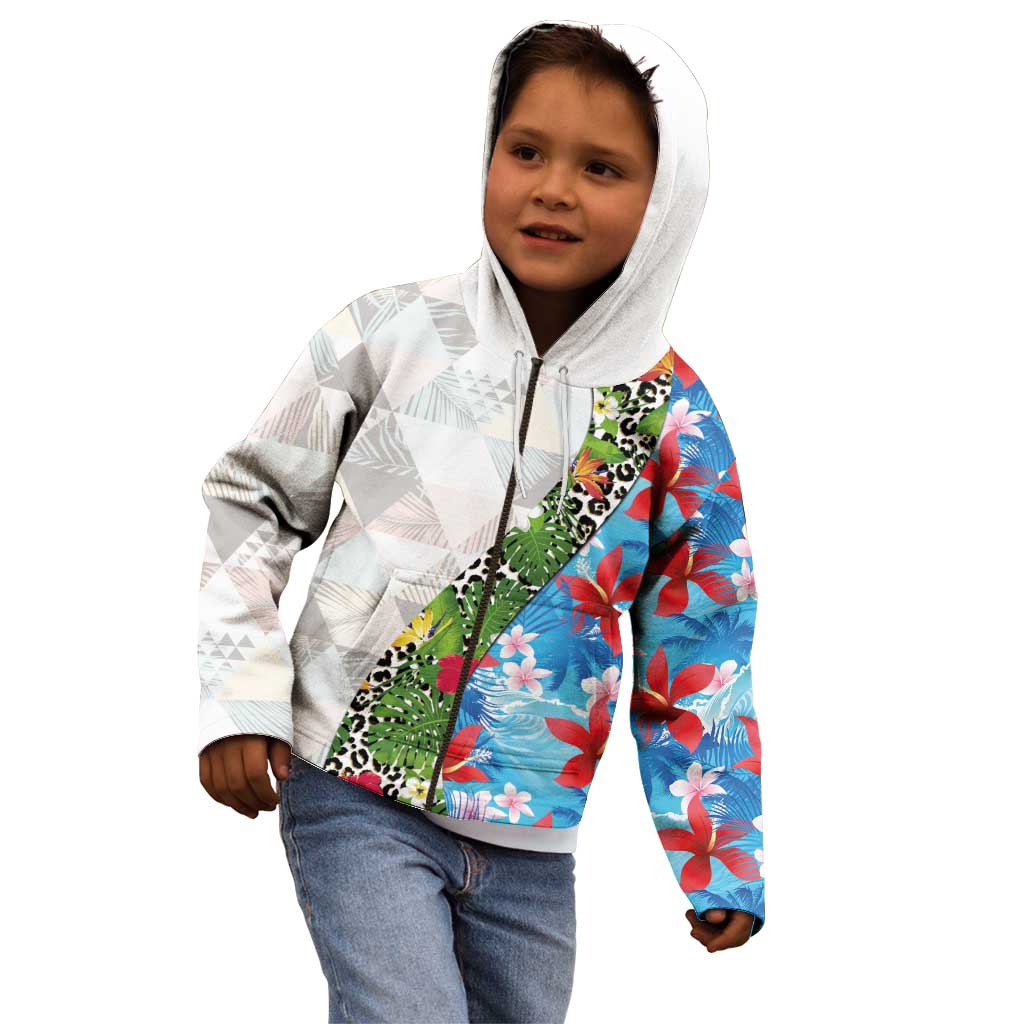 Hawaiian Tropical Flowers and Leaves Kid Hoodie on Leopard Pattern Half Style White-Blue Version LT03 - Polynesian Pride