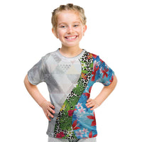 Hawaiian Tropical Flowers and Leaves Kid T Shirt on Leopard Pattern Half Style White-Blue Version LT03 White - Polynesian Pride