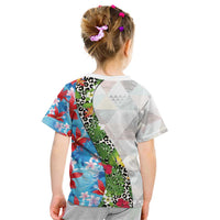 Hawaiian Tropical Flowers and Leaves Kid T Shirt on Leopard Pattern Half Style White-Blue Version LT03 - Polynesian Pride
