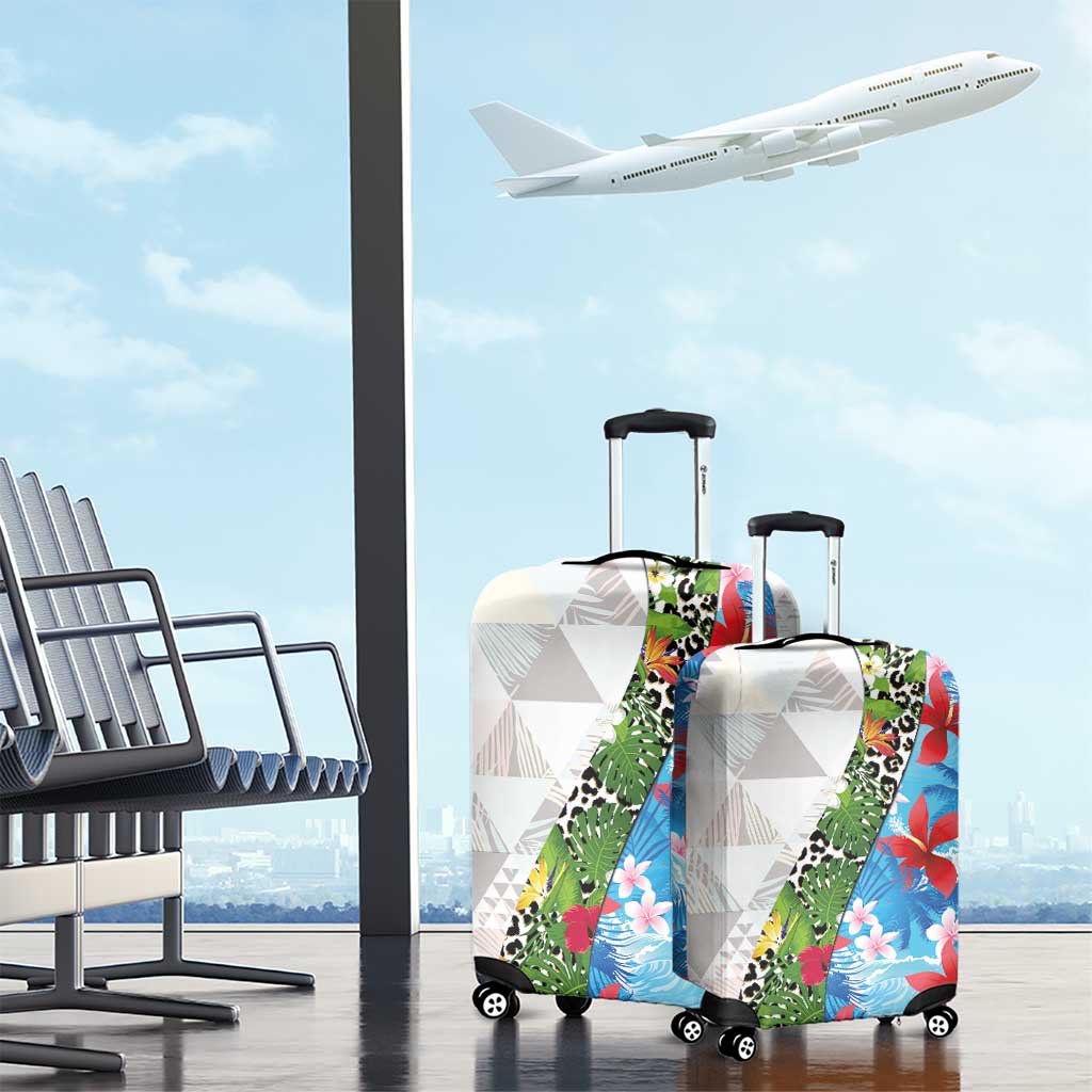 Hawaiian Tropical Flowers and Leaves Luggage Cover on Leopard Pattern Half Style White-Blue Version - Polynesian Pride