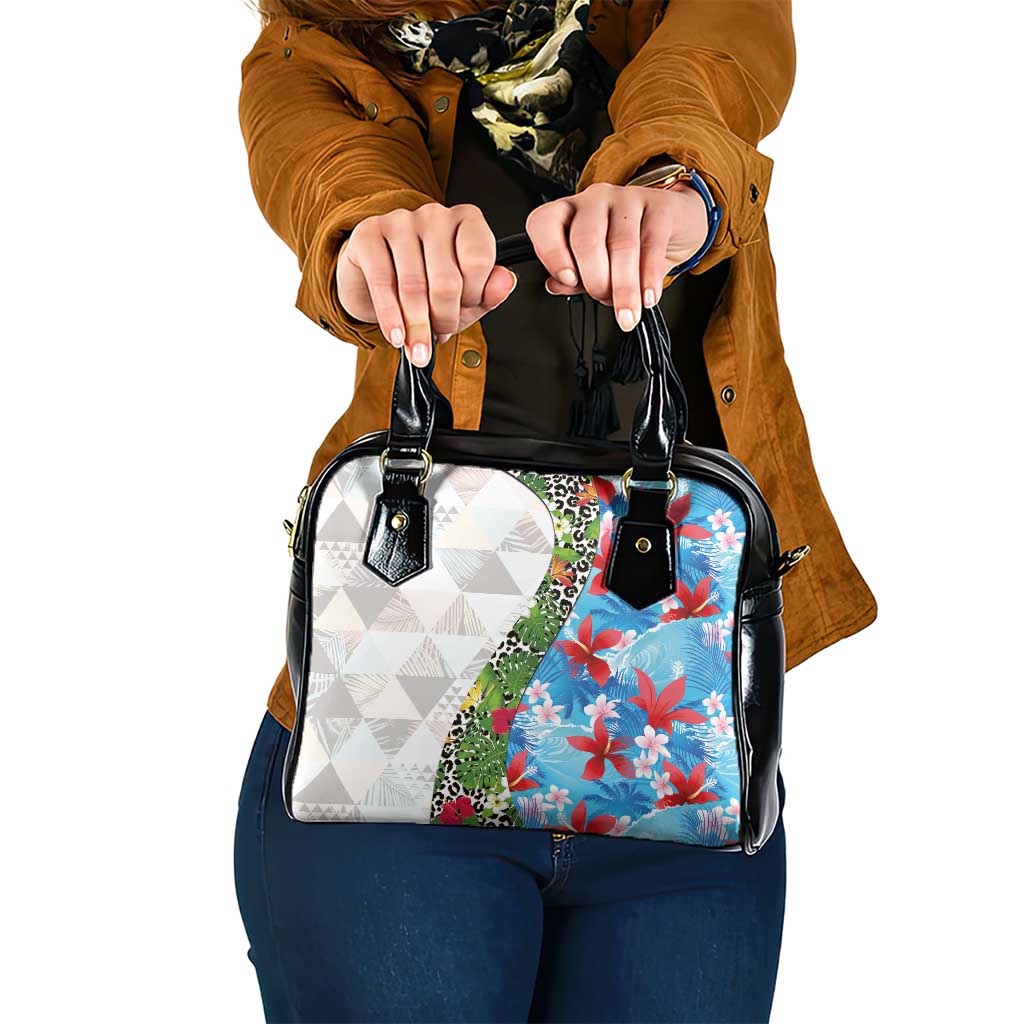 Hawaiian Tropical Flowers and Leaves Shoulder Handbag on Leopard Pattern Half Style White-Blue Version - Polynesian Pride