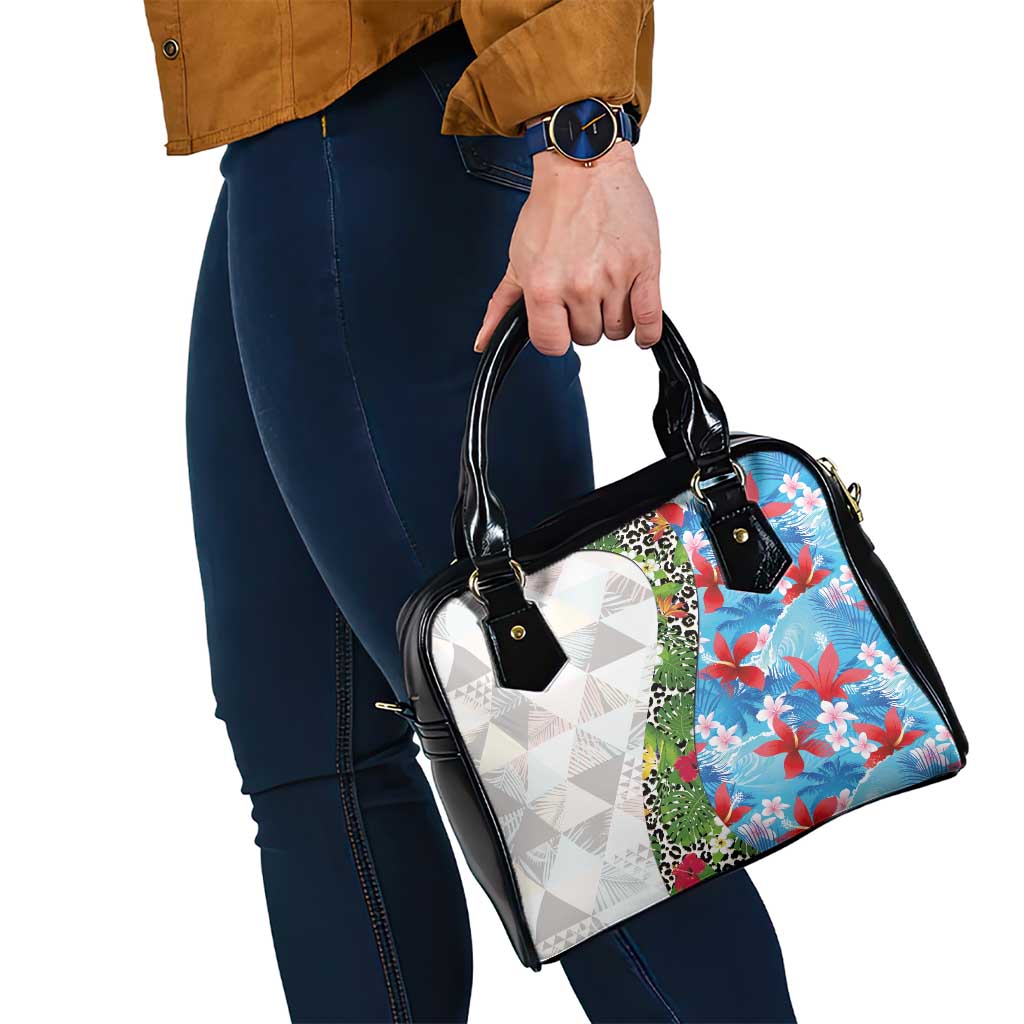 Hawaiian Tropical Flowers and Leaves Shoulder Handbag on Leopard Pattern Half Style White-Blue Version - Polynesian Pride