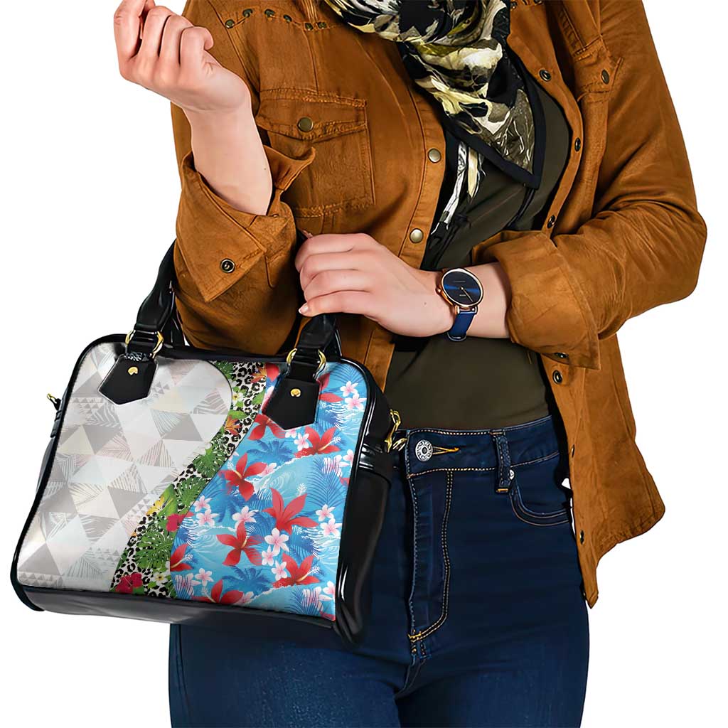 Hawaiian Tropical Flowers and Leaves Shoulder Handbag on Leopard Pattern Half Style White-Blue Version - Polynesian Pride