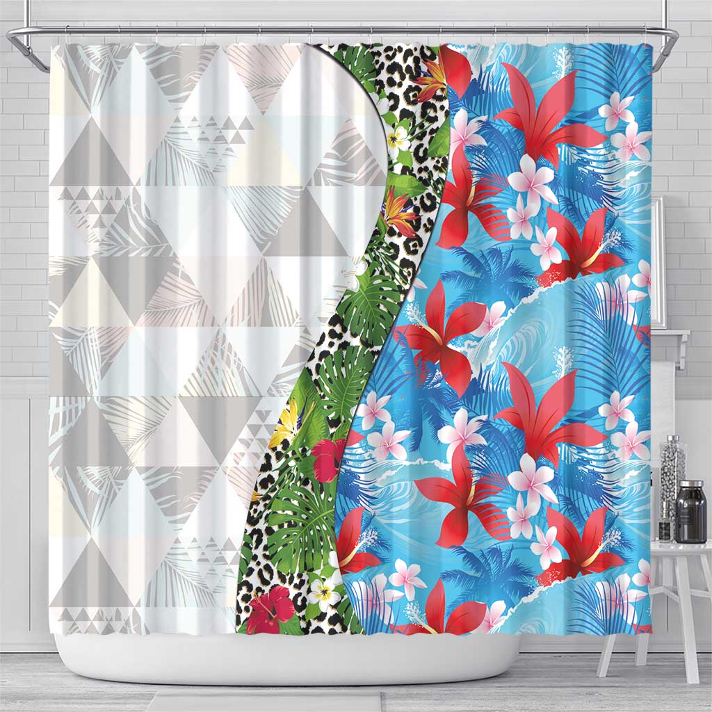 Hawaiian Tropical Flowers and Leaves Shower Curtain on Leopard Pattern Half Style White-Blue Version LT03 - Polynesian Pride