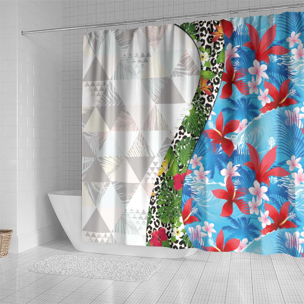 Hawaiian Tropical Flowers and Leaves Shower Curtain on Leopard Pattern Half Style White-Blue Version LT03 - Polynesian Pride