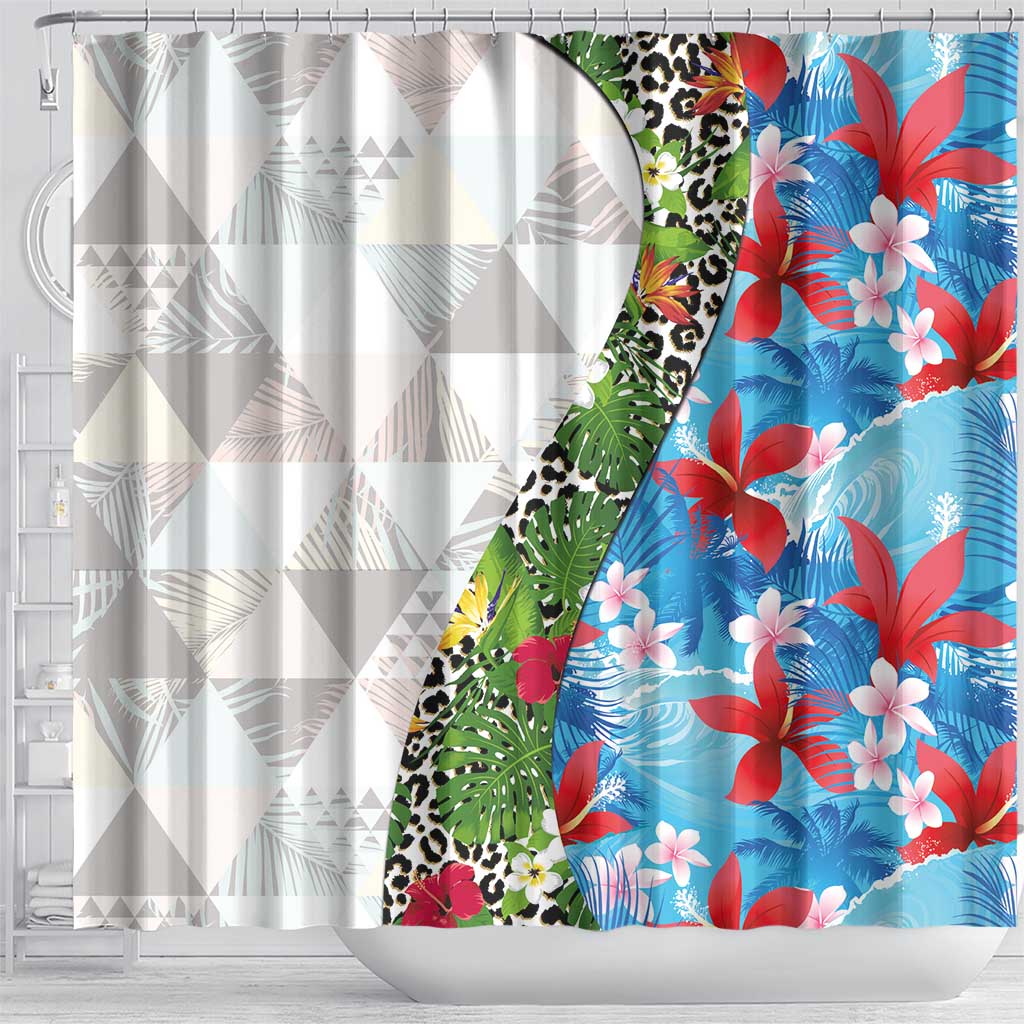 Hawaiian Tropical Flowers and Leaves Shower Curtain on Leopard Pattern Half Style White-Blue Version LT03 - Polynesian Pride