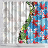 Hawaiian Tropical Flowers and Leaves Shower Curtain on Leopard Pattern Half Style White-Blue Version LT03 - Polynesian Pride