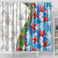 Hawaiian Tropical Flowers and Leaves Shower Curtain on Leopard Pattern Half Style White-Blue Version LT03 - Polynesian Pride