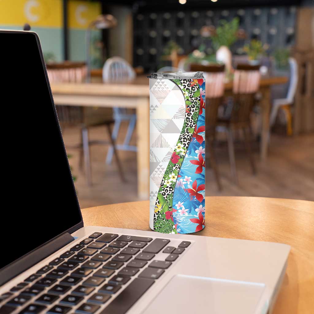 Hawaiian Tropical Flowers and Leaves Skinny Tumbler on Leopard Pattern Half Style White-Blue Version - Polynesian Pride