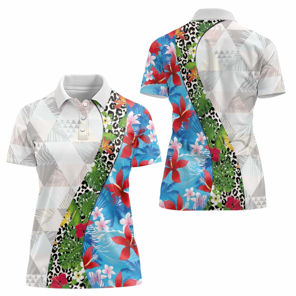 Hawaiian Tropical Flowers and Leaves Women Polo Shirt on Leopard Pattern Half Style White-Blue Version - Polynesian Pride