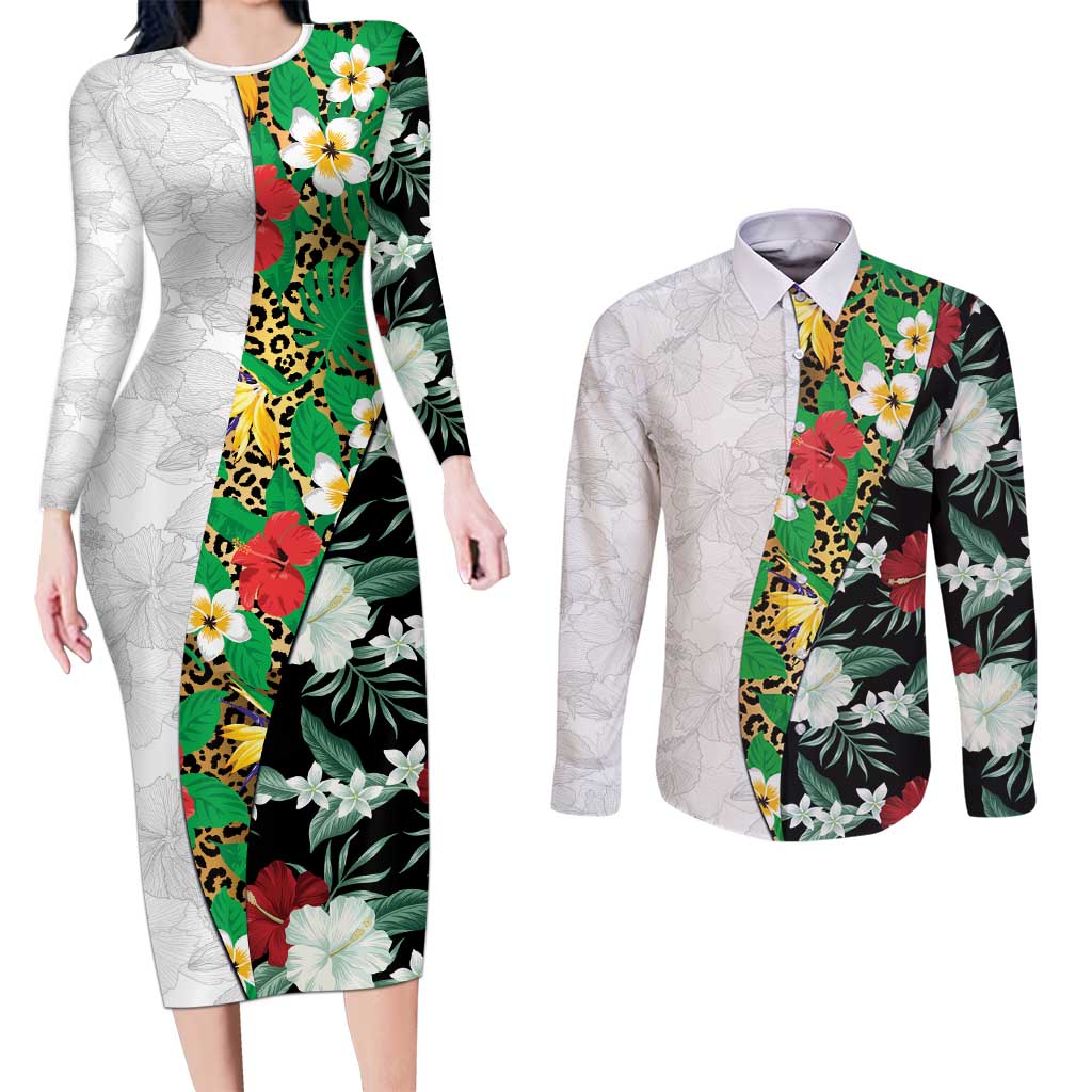 Hawaiian Tropical Flowers and Leaves Couples Matching Long Sleeve Bodycon Dress and Long Sleeve Button Shirt on Leopard Pattern Half Style White-Black Version - Polynesian Pride