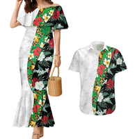Hawaiian Tropical Flowers and Leaves Couples Matching Mermaid Dress and Hawaiian Shirt on Leopard Pattern Half Style White-Black Version - Polynesian Pride