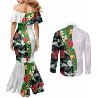 Hawaiian Tropical Flowers and Leaves Couples Matching Mermaid Dress and Long Sleeve Button Shirt on Leopard Pattern Half Style White-Black Version - Polynesian Pride