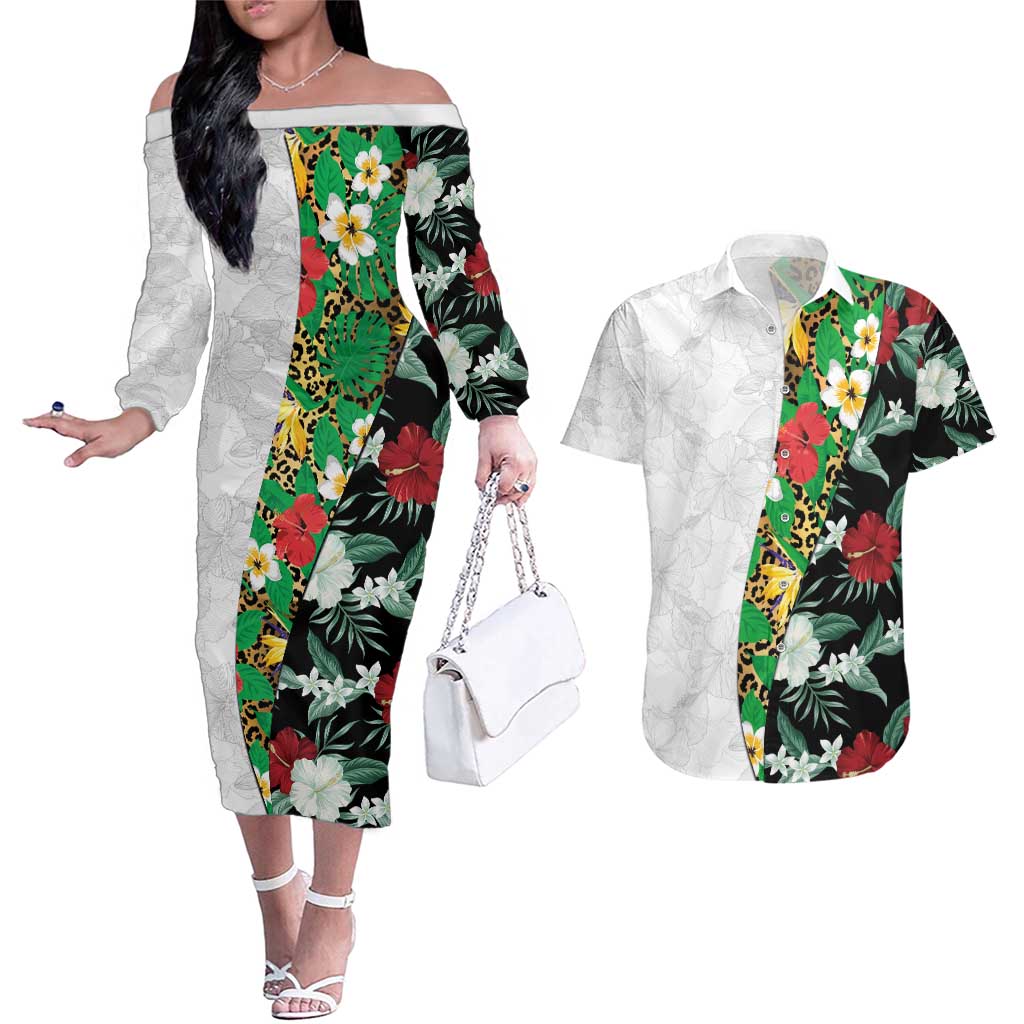 Hawaiian Tropical Flowers and Leaves Couples Matching Off The Shoulder Long Sleeve Dress and Hawaiian Shirt on Leopard Pattern Half Style White-Black Version - Polynesian Pride