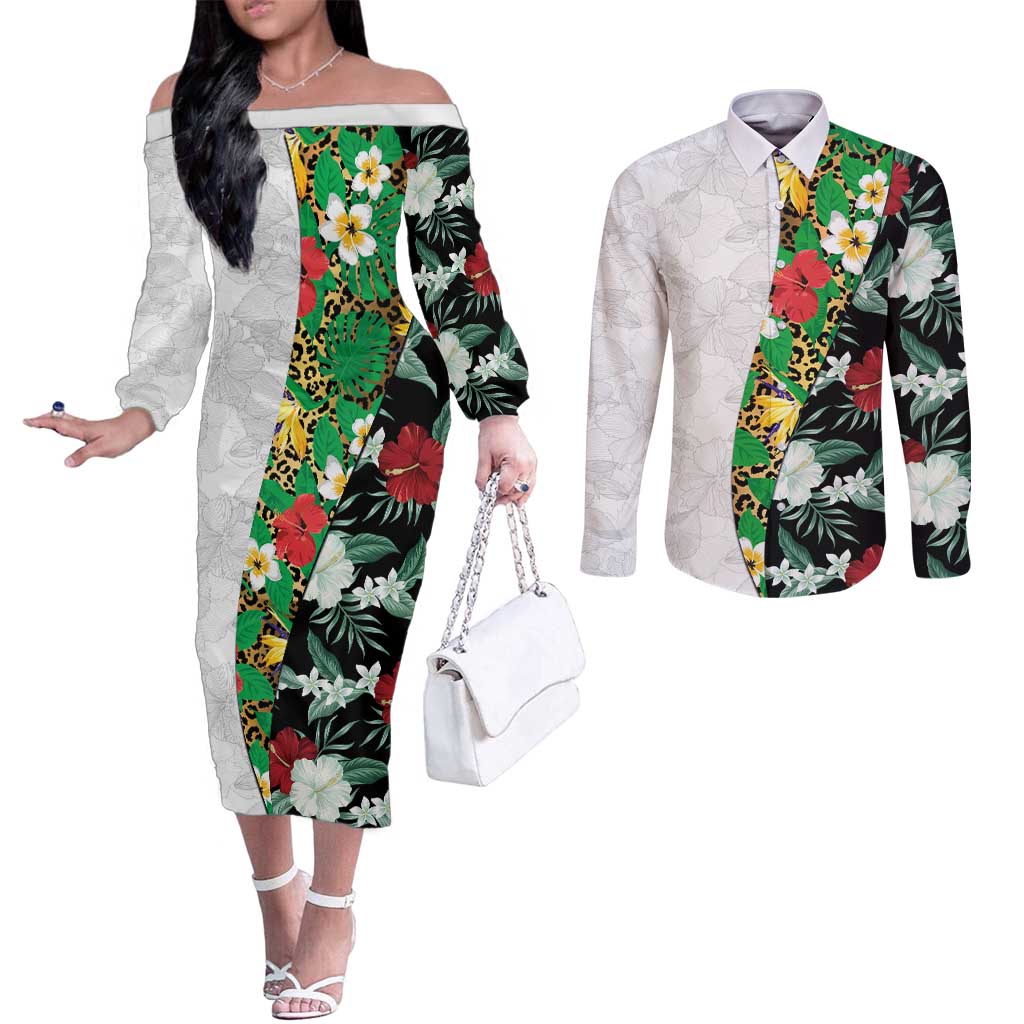 Hawaiian Tropical Flowers and Leaves Couples Matching Off The Shoulder Long Sleeve Dress and Long Sleeve Button Shirt on Leopard Pattern Half Style White-Black Version - Polynesian Pride