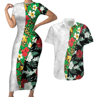 Hawaiian Tropical Flowers and Leaves Couples Matching Short Sleeve Bodycon Dress and Hawaiian Shirt on Leopard Pattern Half Style White-Black Version - Polynesian Pride