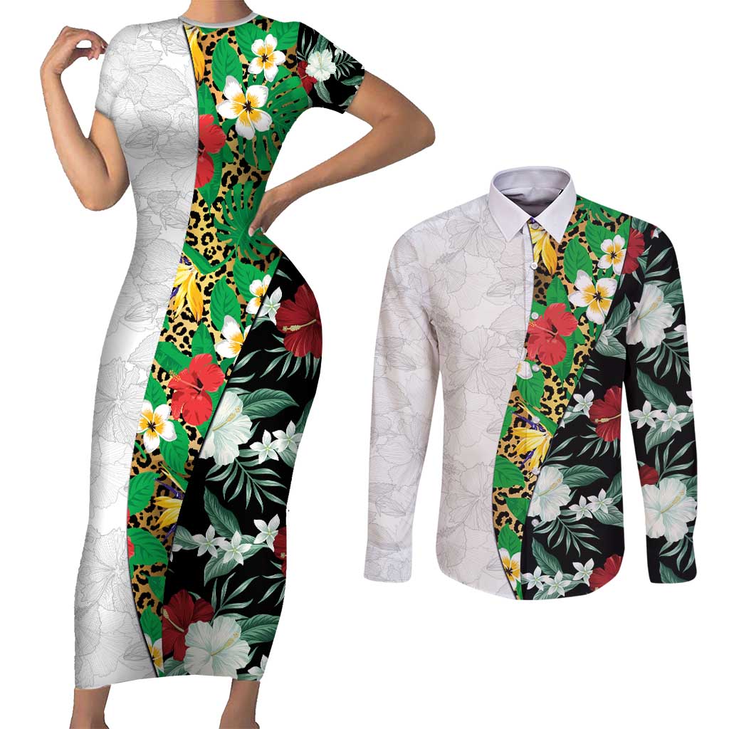 Hawaiian Tropical Flowers and Leaves Couples Matching Short Sleeve Bodycon Dress and Long Sleeve Button Shirt on Leopard Pattern Half Style White-Black Version - Polynesian Pride