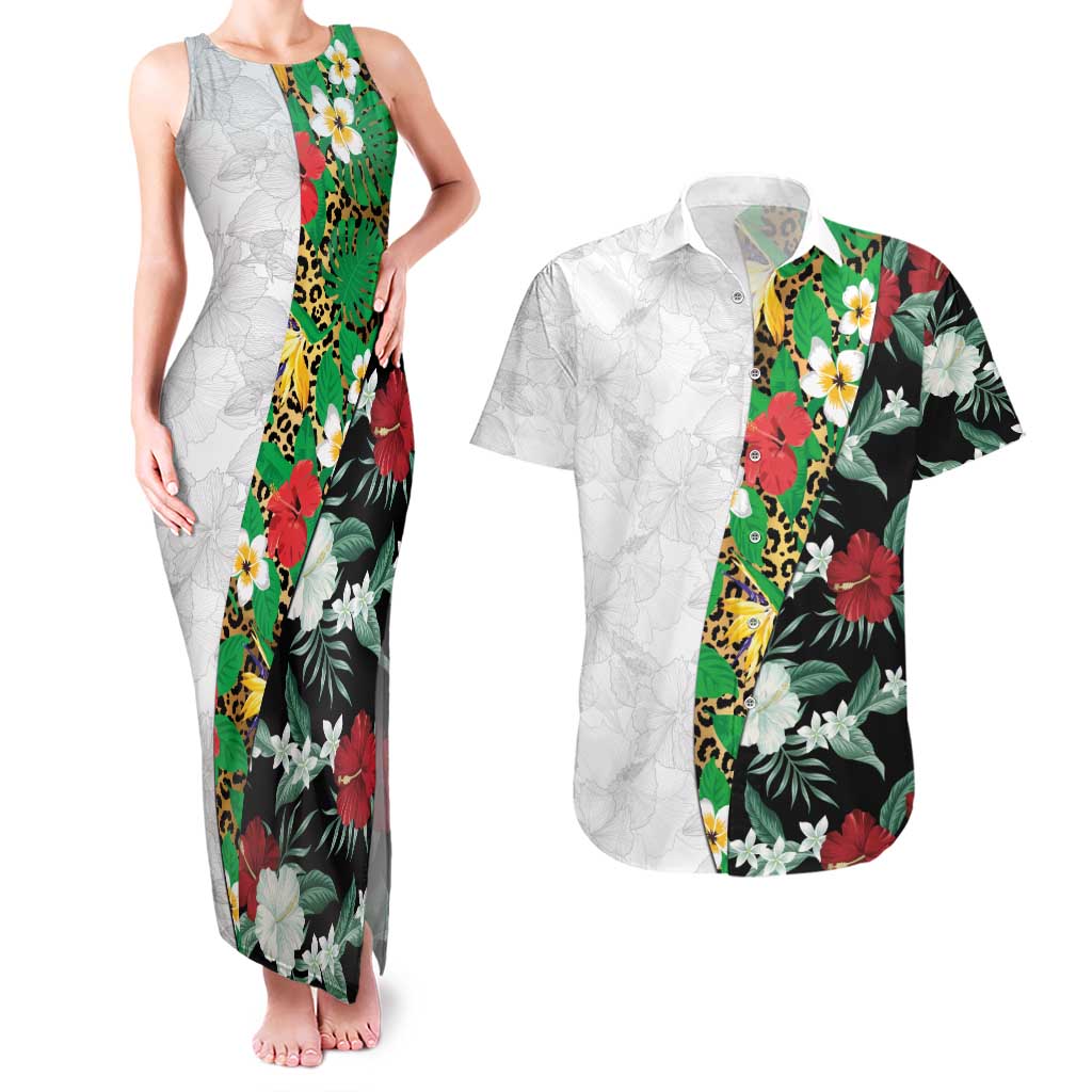 Hawaiian Tropical Flowers and Leaves Couples Matching Tank Maxi Dress and Hawaiian Shirt on Leopard Pattern Half Style White-Black Version - Polynesian Pride
