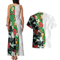 Hawaiian Tropical Flowers and Leaves Couples Matching Tank Maxi Dress and Hawaiian Shirt on Leopard Pattern Half Style White-Black Version - Polynesian Pride