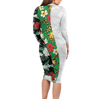 Hawaiian Tropical Flowers and Leaves Family Matching Long Sleeve Bodycon Dress and Hawaiian Shirt on Leopard Pattern Half Style White-Black Version - Polynesian Pride