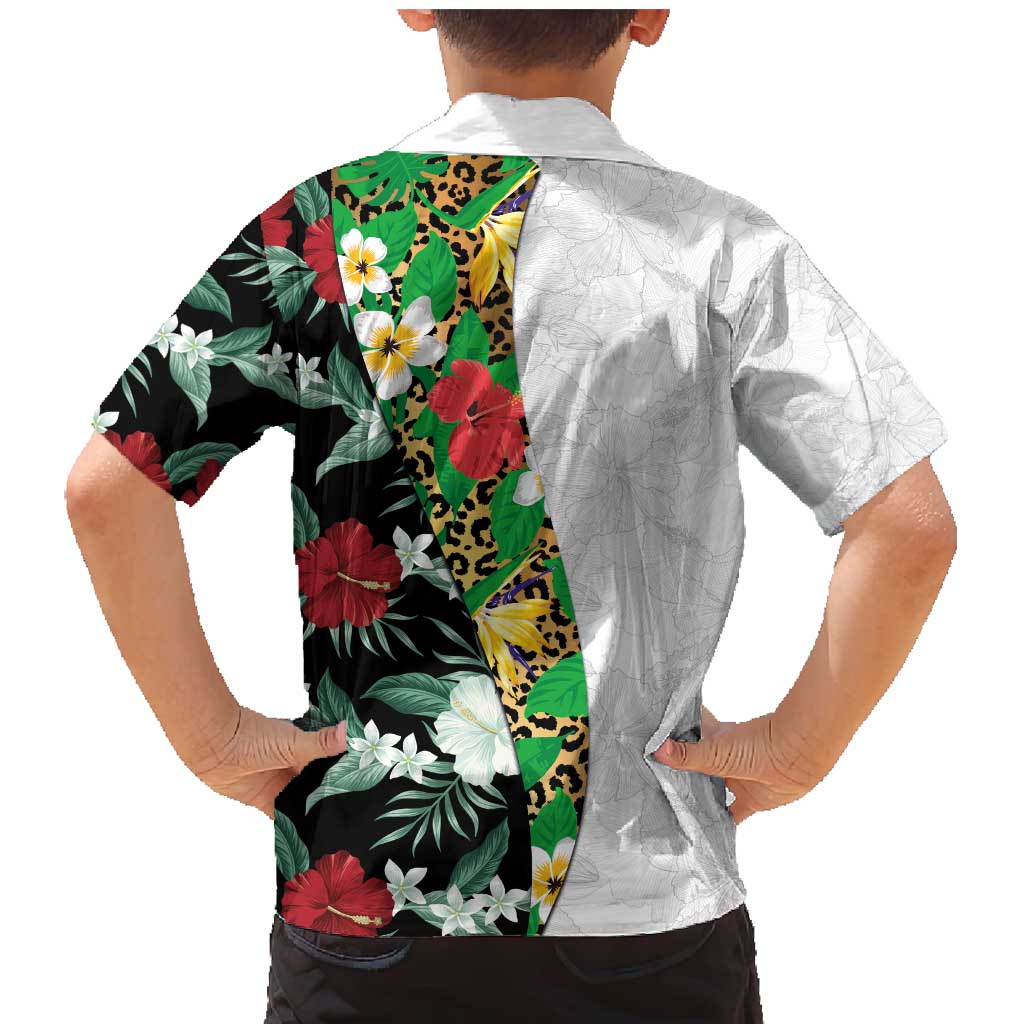 Hawaiian Tropical Flowers and Leaves Family Matching Mermaid Dress and Hawaiian Shirt on Leopard Pattern Half Style White-Black Version LT03 - Polynesian Pride