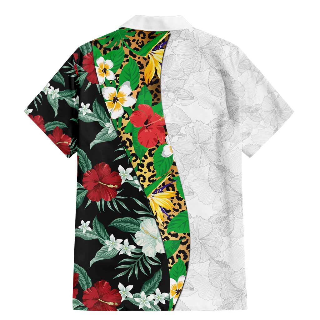 Hawaiian Tropical Flowers and Leaves Family Matching Mermaid Dress and Hawaiian Shirt on Leopard Pattern Half Style White-Black Version LT03 - Polynesian Pride